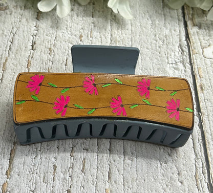 Pink Flowers Engraved Leather on Blue Hair Claw Clip - Large 4"