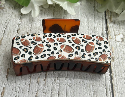 Cheetah Football Print Leather Brown Hair Claw Clip - Large 4"