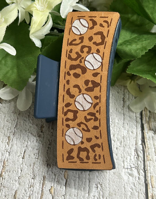 Cheetah and Baseball Engraved Leather on Blue Hair Claw Clip - Large 4"