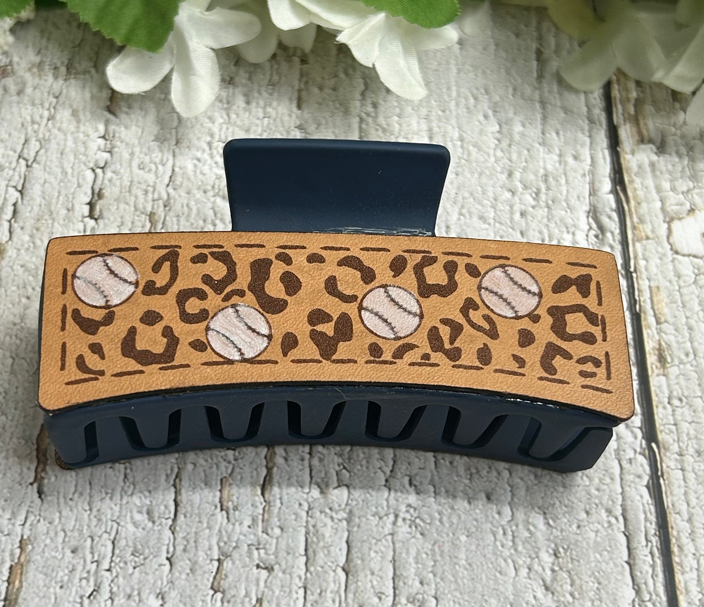 Cheetah and Baseball Engraved Leather on Blue Hair Claw Clip - Large 4"