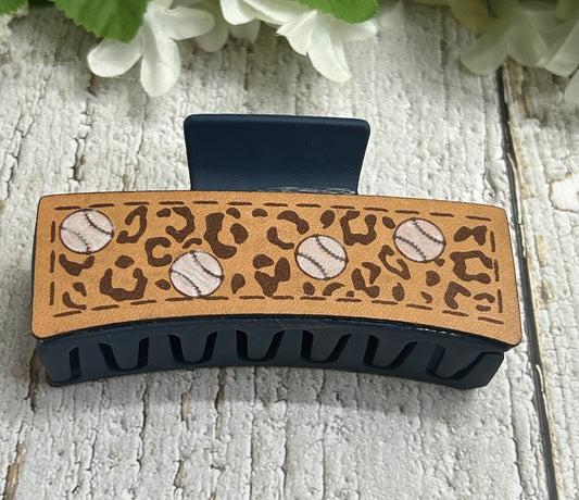 Cheetah and Baseball Engraved Leather on Blue Hair Claw Clip - Large 4"