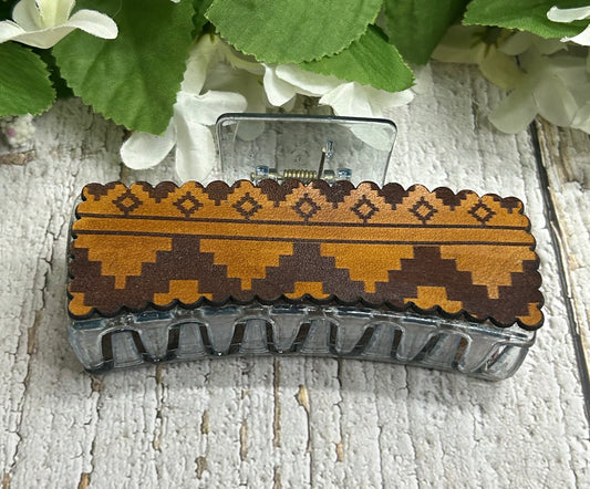 Boho Geometric Engraved Leather Clear Blue Hair Claw Clip - Large 4"