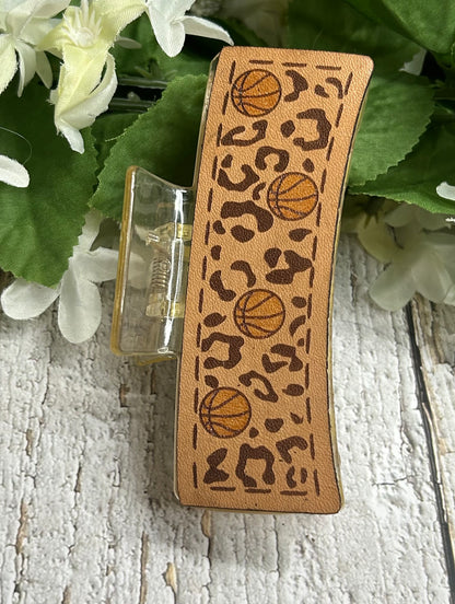 Cheetah Basketball Engraved Leather Hand Painted Yellow Hair Claw Clip - Large 4"