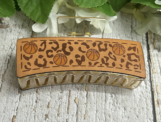 Cheetah Basketball Engraved Leather Hand Painted Yellow Hair Claw Clip - Large 4"