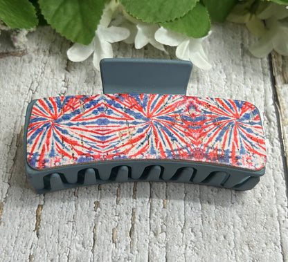 Red White And Blue Patriotic Fireworks Leather Hair Claw Clip - Large 4"
