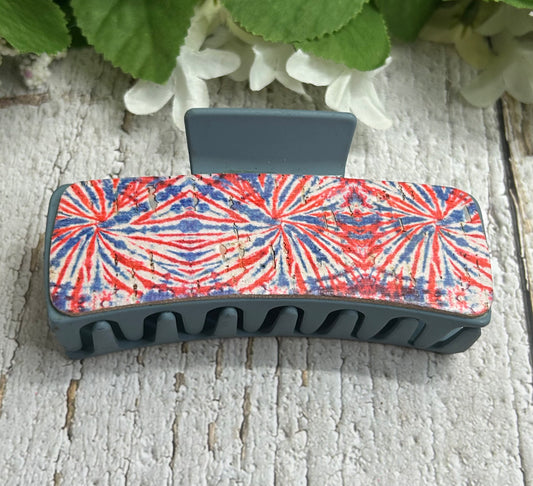 Red White And Blue Patriotic Fireworks Leather Hair Claw Clip - Large 4"