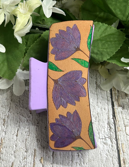 Purple Flower Engraved Leather Hand Painted Hair Claw Clip - Large 4"