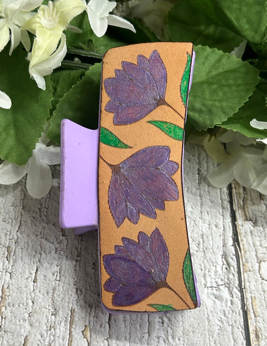 Purple Flower Engraved Leather Hand Painted Hair Claw Clip - Large 4"