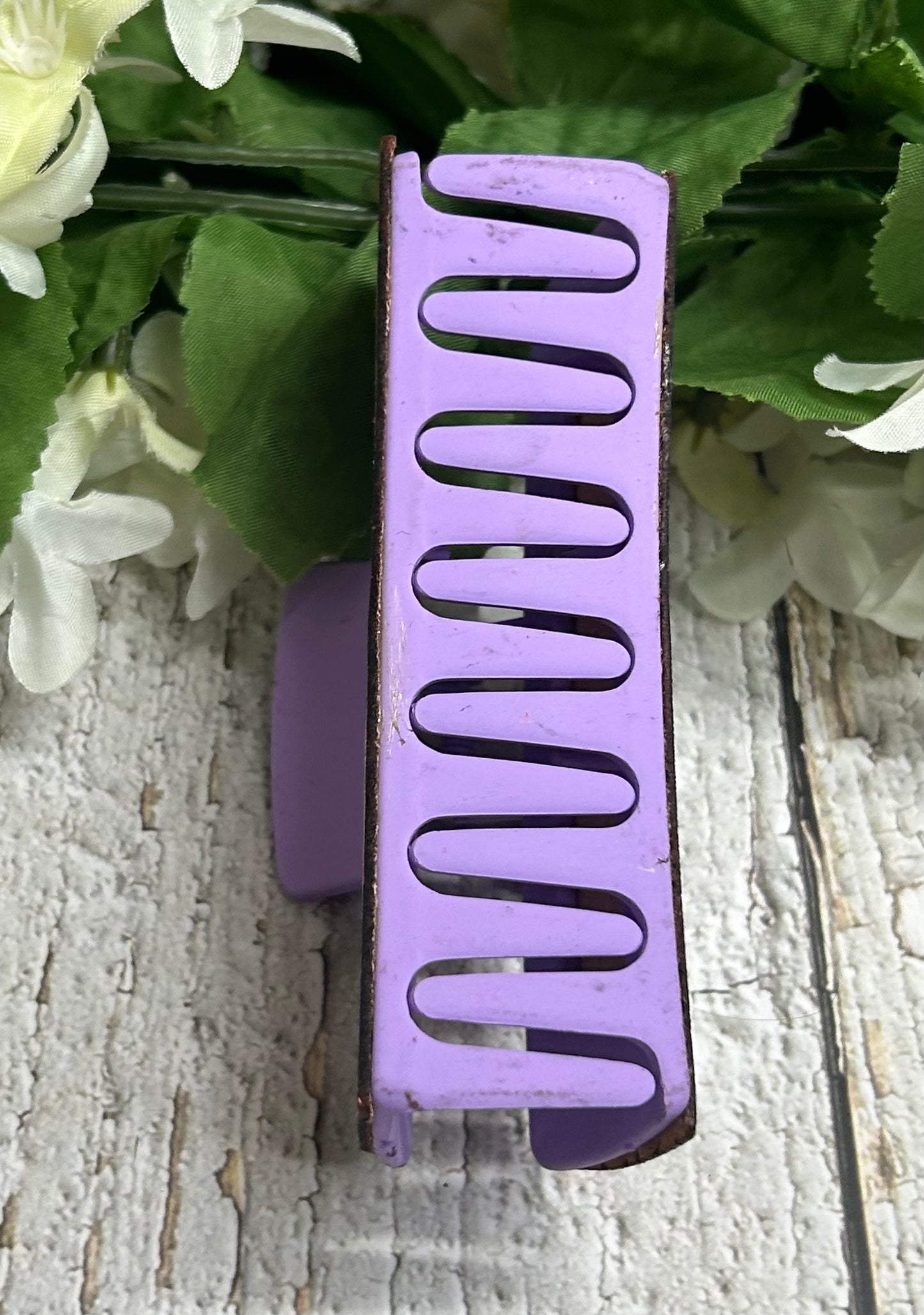 Purple Flower Engraved Leather Hand Painted Hair Claw Clip - Large 4"