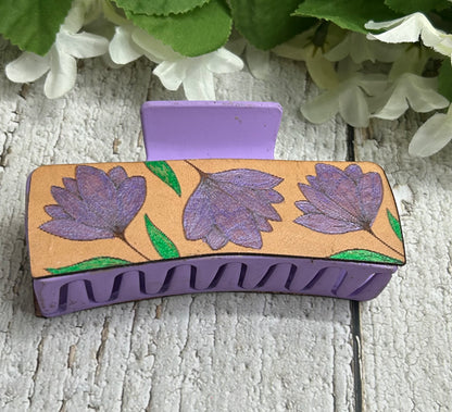 Purple Flower Engraved Leather Hand Painted Hair Claw Clip - Large 4"