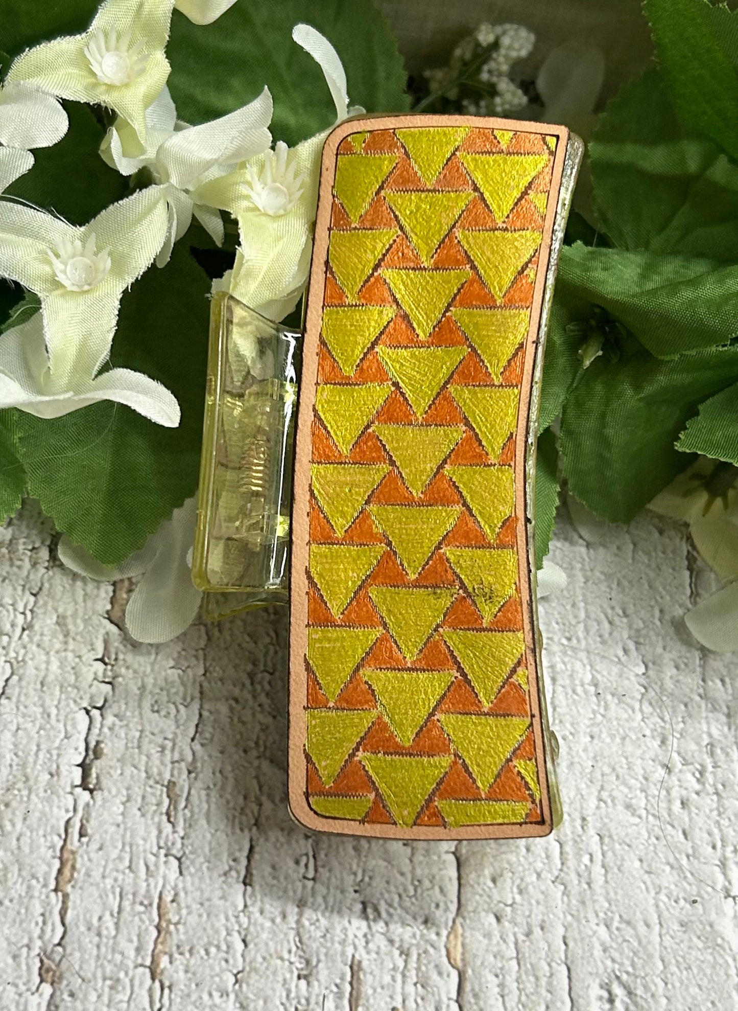 Gold and Orange Geometric Engraved Hand Painted Leather Yellow Hair Claw Clip - Large 4"