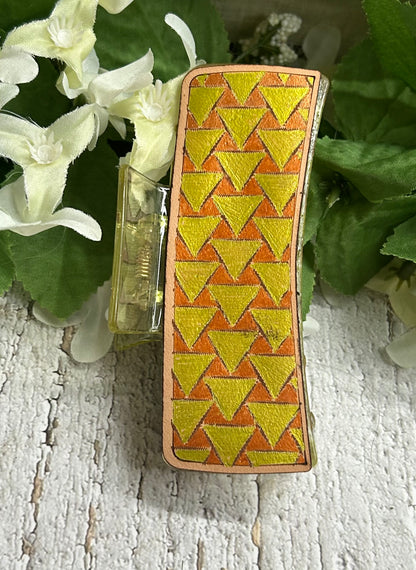 Gold and Orange Geometric Engraved Hand Painted Leather Yellow Hair Claw Clip - Large 4"