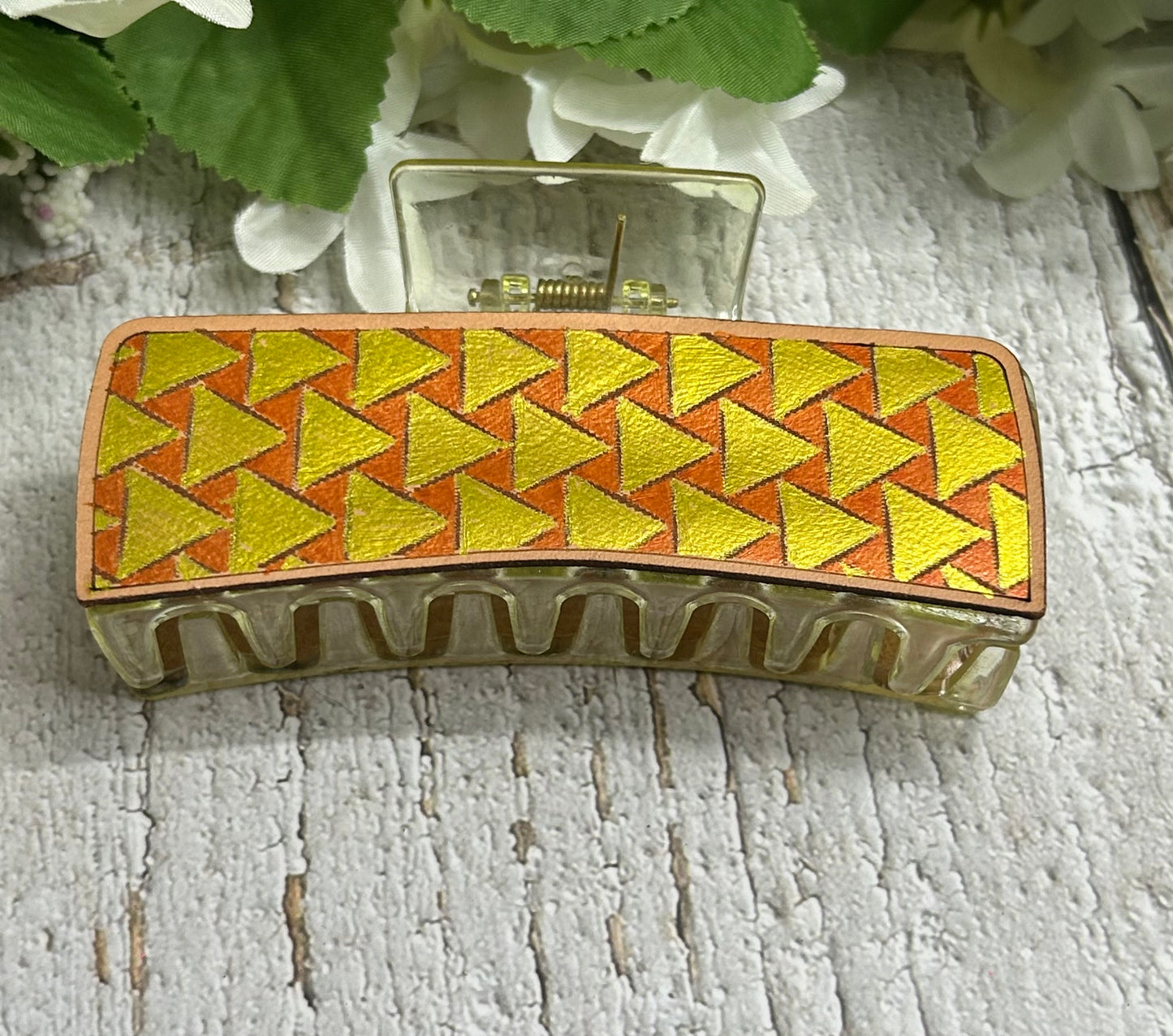 Gold and Orange Geometric Engraved Hand Painted Leather Yellow Hair Claw Clip - Large 4"