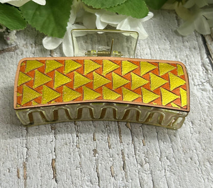 Gold and Orange Geometric Engraved Hand Painted Leather Yellow Hair Claw Clip - Large 4"