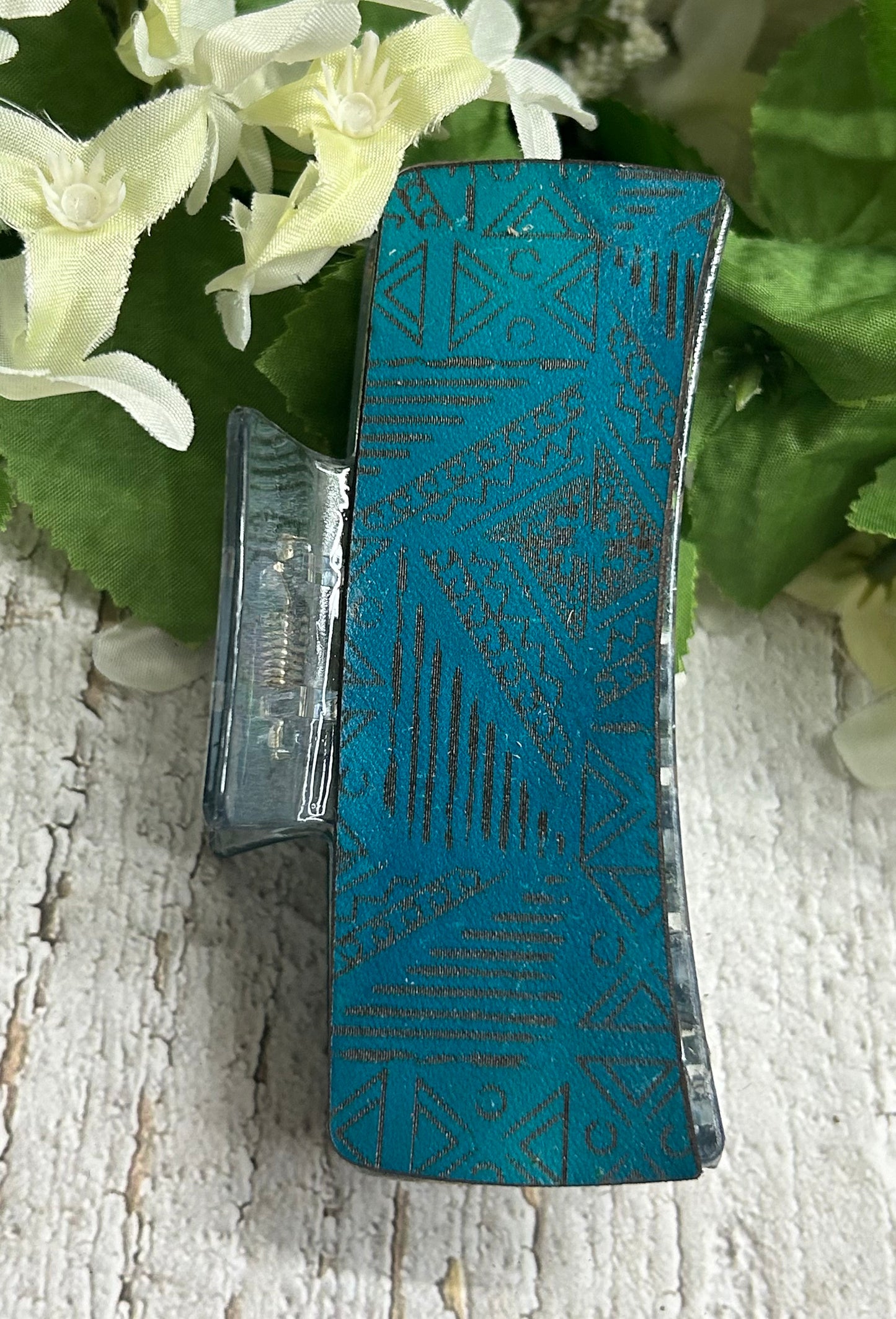 Teal Geometric Engraved Leather Clear Blue Hair Claw Clip - Large 4"
