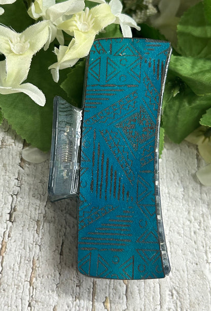 Teal Geometric Engraved Leather Clear Blue Hair Claw Clip - Large 4"