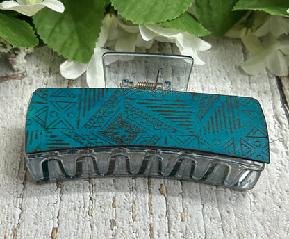 Teal Geometric Engraved Leather Clear Blue Hair Claw Clip - Large 4"