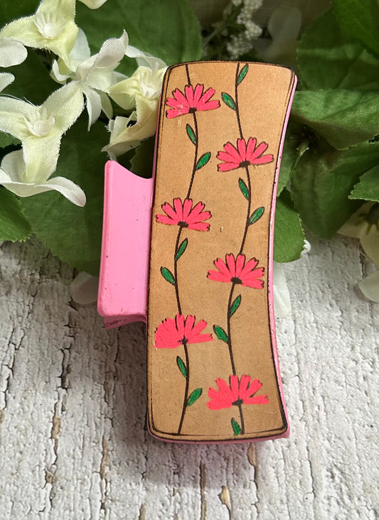 Pink Floral Leather Hair Claw Clip - Large 4"