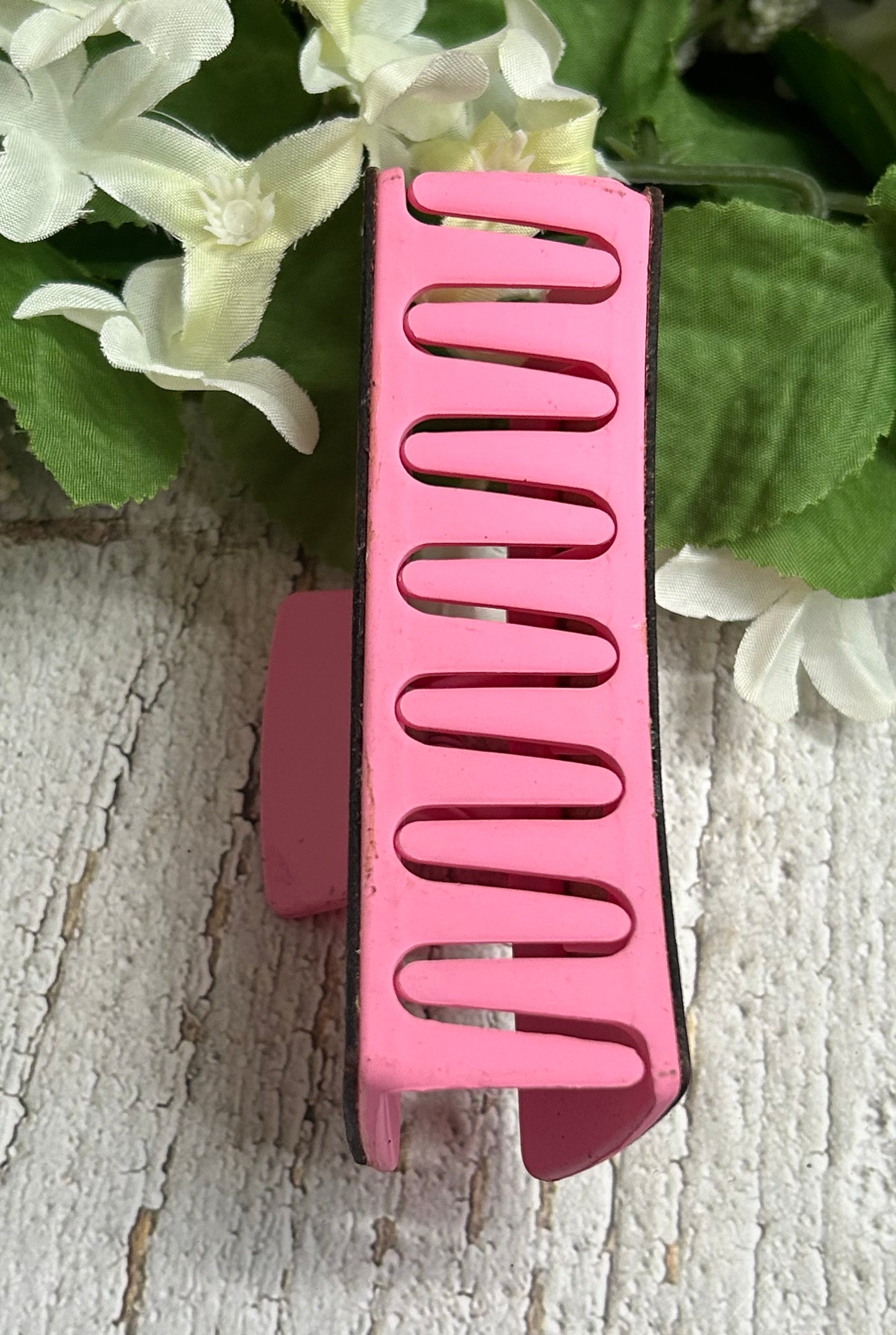 Pink Floral Leather Hair Claw Clip - Large 4"