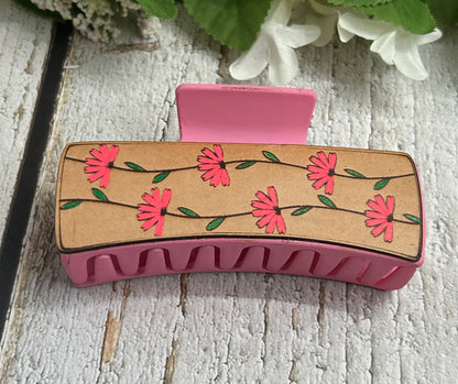 Pink Floral Leather Hair Claw Clip - Large 4"