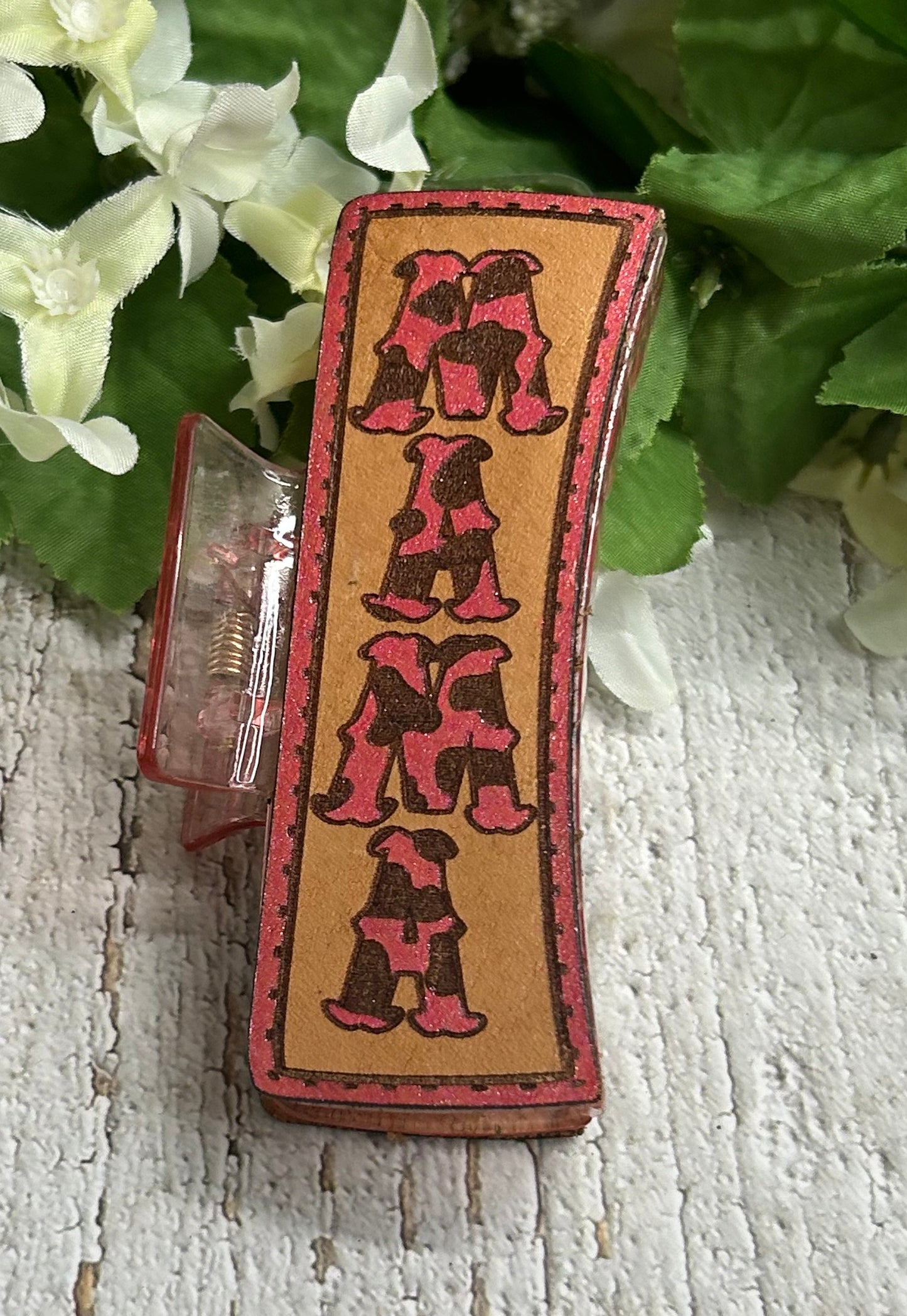 Mama Cheetah Print Pink Engraved Hand Painted Leather Hair Claw Clip - Large 4"