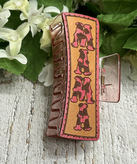 Mama Cheetah Print Pink Engraved Hand Painted Leather Hair Claw Clip - Large 4"