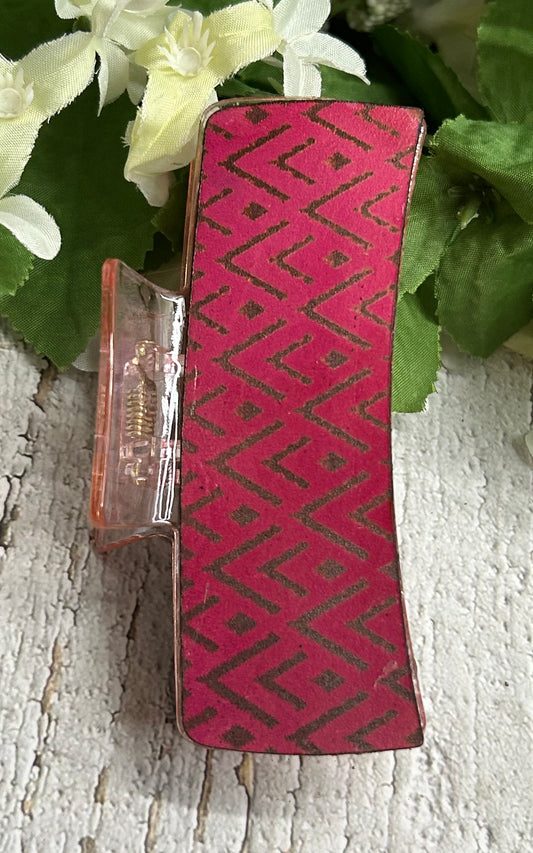 Pink Boho Engraved Leather Hair Claw Clip - Large 4"