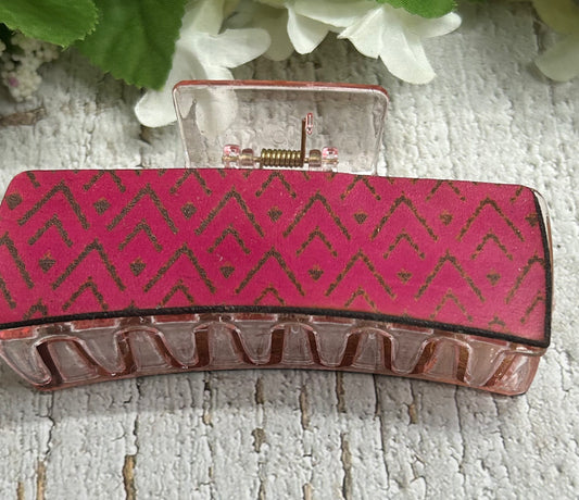 Pink Boho Engraved Leather Hair Claw Clip - Large 4"