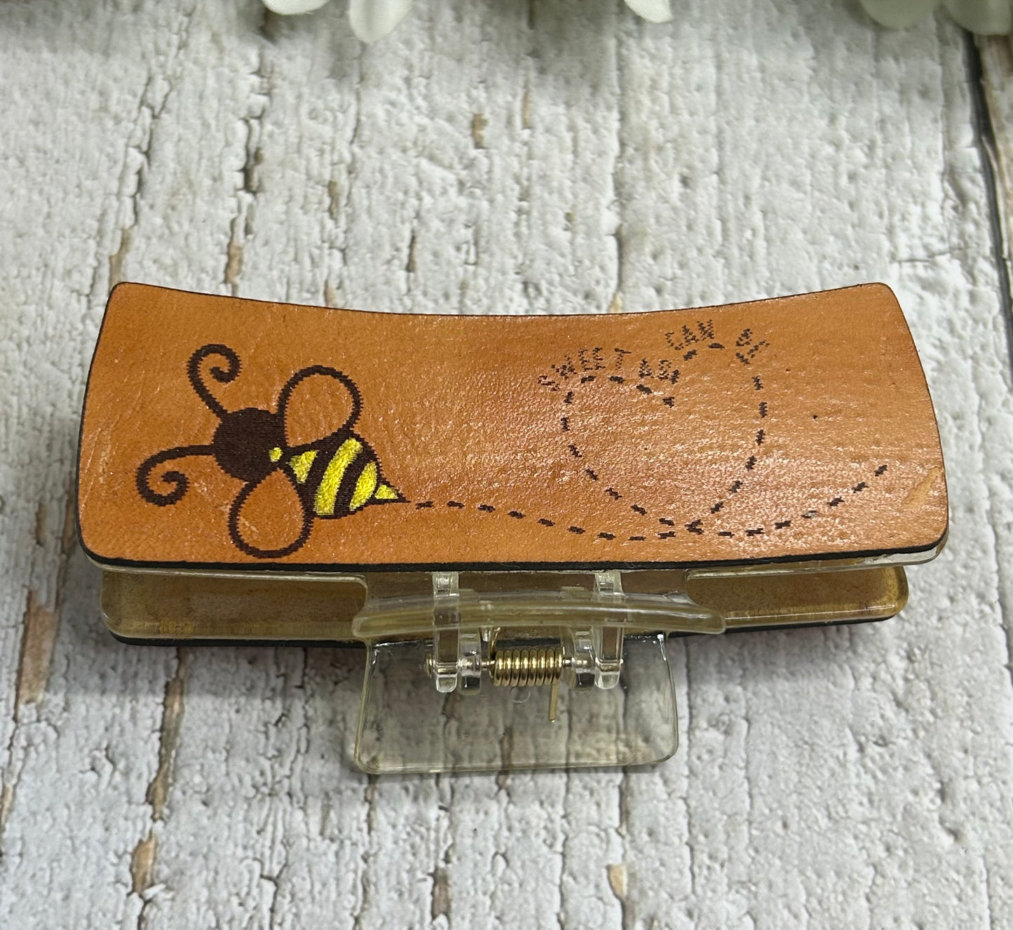 Sweet As Can Be Bee Engraved Hand Painted Leather Yellow Hair Claw Clip - Large 4"