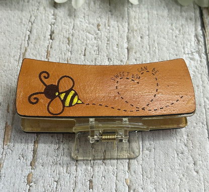 Sweet As Can Be Bee Engraved Hand Painted Leather Yellow Hair Claw Clip - Large 4"